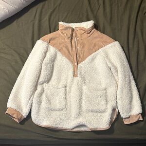 Cozy White and Tan Sherpa Pullover